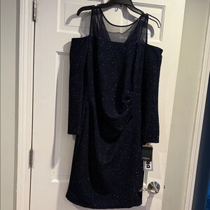 MARINA Navy Sparkle Off-Shoulder Evening Dress